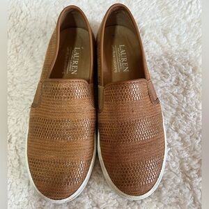 Ralph Lauren Jinny Slip On Loafers Women 5.5 Tan Woven Casual Comfort